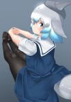  1girl alternate_costume black_footwear black_pantyhose blowhole blue_dress blue_eyes blush cetacean_tail common_bottlenose_dolphin_(kemono_friends) dolphin_girl dorsal_fin dress fins fish_tail grey_hair hair_between_eyes head_fins highres kemono_friends loafers looking_at_viewer looking_back multicolored_hair pantyhose sailor_collar sailor_dress school_uniform shoes short_sleeves sidelocks sitting solo stretching tail uf34a white_hair white_sleeves 