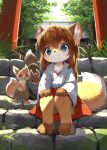  1girl absurdres animal animal_ear_fluff animal_ears animal_nose blue_eyes blush body_fur brown_hair closed_mouth day fang fewer_digits fox fox_ears fox_girl fox_tail furry furry_female grass hands_on_own_knees highres japanese_clothes looking_at_viewer miko multicolored_fur original red_skirt shrine sitting skirt smile solo squirrel stairs tail tareme thematy torii tree 