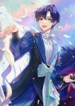  1boy :d a3! artist_name black_gloves black_hair blue_eyes bow bowtie clouds confetti day feathers gloves highres holding_hands idol_clothes long_sleeves male_focus smile standing taka_banyaaa tsukioka_tsumugi white_bow white_bowtie white_feathers 
