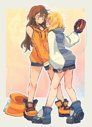  2girls armpit_cutout black_gloves black_shorts blonde_hair blue_eyes blue_footwear blue_hoodie blush boots bound bridget_(guilty_gear) brown_eyes brown_hair clothing_cutout fingerless_gloves gloves guilty_gear hat highres hood hood_down hoodie kira_(marshukitty) long_hair may_(guilty_gear) medium_hair miniskirt multiple_girls orange_footwear orange_hat orange_hoodie peaked_cap shorts skirt tied_up_(nonsexual) white_sleeves yo-yo yuri 