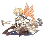  1girl ark_order arrow_(projectile) blonde_hair blue_scarf boots bow_(weapon) brown_footwear crop_top detached_wings drawing_bow elbow_gloves feathered_wings fighting_stance forehead_protector full_body gloves gold_trim hair_intakes holding holding_arrow holding_bow_(weapon) holding_weapon icarus_(ark_order) jewelry kamisa looking_at_viewer midriff official_art orange_wings quiver ring scarf shirt short_hair skirt solo squatting stomach tachi-e thigh-highs thigh_boots transparent_background weapon white_gloves white_shirt white_skirt wings 