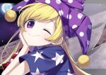  1girl blonde_hair clownpiece hat keiki8296 smile solo star_(symbol) violet_eyes wings 