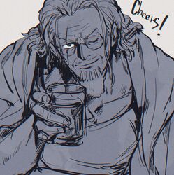  1boy ;) abunaideka beard cape commentary_request cup facial_hair greyscale highres holding holding_cup hood hooded_cape looking_at_viewer male_focus medium_hair monochrome mustache one_eye_closed one_piece scar scar_across_eye silvers_rayleigh smile solo 