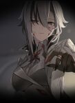  1girl amco arlecchino_(genshin_impact) black_eyes black_hair black_hands black_nails blood blood_on_face blurry blurry_background closed_mouth eye_pov fingernails genshin_impact grey_background grey_hair grey_jacket grey_vest hair_between_eyes highres jacket long_fingernails looking_at_viewer multicolored_hair red_nails red_pupils short_hair solo streaked_hair symbol-shaped_pupils upper_body vest x-shaped_pupils 