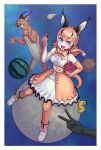  1girl animal animal_ears belt blue_eyes bow bowtie caracal caracal_(kemono_friends) cat_ears cat_girl cat_tail elbow_gloves extra_ears food fruit gloves highres kemono_friends kemono_friends_v_project long_hair looking_at_viewer magmagma97 microphone moon orange_hair shirt shoes skirt sleeveless sleeveless_shirt space tail thigh-highs virtual_youtuber watermelon 
