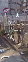  3girls absurdres black_footwear black_hair black_thighhighs boots brown_hair buttons chain-link_fence clothing_cutout commentary double-breasted double_v dress fence frilled_skirt frills full_body geta gloves google_street_view green_sash hairband heishishourinken_(tenka_hyakken) high_collar high_heel_boots high_heels high_school_girls_posing_for_google_street_view_(meme) highres kogarasumaru_(tenka_hyakken) long_hair long_sleeves looking_at_viewer meme military_uniform multiple_girls obi open_mouth outdoors photo_background purple_hair purple_haori red_sash road_sign sash shichiseiken_(tenka_hyakken) shoes short_hair shoulder_cutout sidewalk sign skirt sleeves_past_fingers sleeves_past_wrists smile standing standing_on_one_leg tenka_hyakken thigh-highs tiger2henschel uniform v very_long_hair white_gloves white_thighhighs wide_sleeves 