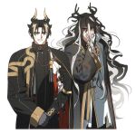  aiguillette antlers arknights armor black_hair blonde_hair brothers chinese_clothes chong_yue_(arknights) closed_eyes commentary_request dragon_boy dragon_horns facing_viewer grin hand_up horns jjeobjjeobdogta_(wjqwjqehrxk) korean_commentary long_hair looking_at_viewer middle_finger multicolored_hair pauldrons pointy_ears rerebrace shoulder_armor siblings simple_background single_sleeve smile standing streaked_hair upper_body very_long_hair white_background white_hair wide_sleeves zhi_(arknights) 