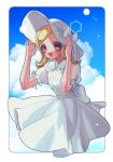  1girl :d archived_source bad_id bad_twitter_id blonde_hair blue_sky border braid clouds collared_dress cropped_legs day dress hands_on_headwear hands_up hat highres looking_at_viewer midorikaze_fuwari open_mouth outdoors pretty_series pripara puffy_short_sleeves puffy_sleeves red_eyes short_sleeves sky smile solo standing sun_hat sundress twin_braids white_border white_dress white_hat yuiitsu 