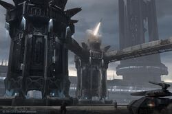  2others ambiguous_gender armor building cannon caterpillar_tracks clouds cloudy_sky commentary company_name concept_art dated day dust_514 eve_online fire glowing grey_sky helmet military_vehicle missile missile_pod motor_vehicle multiple_others official_art outdoors overcast realistic scenery science_fiction sky smoke tank tank_turret turret will_burns 