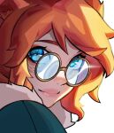  1girl absurdres animal_ears aurora_(league_of_legends) blue_eyes close-up closed_mouth freckles fur_trim glasses hair_between_eyes harimi_(harimizz) highres league_of_legends looking_at_viewer portrait round_eyewear sidelocks simple_background smile solo white_background 