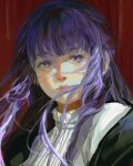  1girl blunt_bangs blurry blurry_foreground closed_mouth fern_(sousou_no_frieren) floating_hair highres lips long_hair looking_to_the_side pluvium_grandis purple_hair realistic red_background solo sousou_no_frieren upper_body violet_eyes wind 