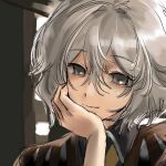  1girl black_shirt brown_jacket closed_mouth collared_shirt gas_wf grey_eyes grey_hair hair_between_eyes hair_intakes hand_on_own_chin jacket len&#039;en looking_at_viewer open_clothes open_jacket portrait shirt shitodo_hoojiro sketch smile solo sweat 