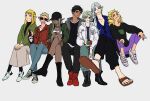  3boys 4girls androgynous bags_under_eyes black_eyes black_hair blonde_hair blue_eyes boots casual choker cigarette cithis dark-skinned_female dark-skinned_male dark_elf dark_skin dungeon_meshi elf fleki grey_hair hair_around_ear holding holding_cigarette jacket jyodo1208 kabru lazy_eye long_hair long_sleeves looking_at_viewer low_twintails lycion mithrun multiple_boys multiple_girls notched_ear open_mouth otta_(dungeon_meshi) pants pattadol pointy_ears sandals shirt shoes short_hair simple_background skirt smile sneakers streetwear sweater twintails uneven_eyes white_background 