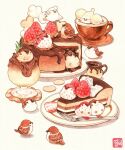  animal-themed_food animal_focus beak bird black_eyes cake cake_slice chocolate_cake chocolate_syrup coffee commentary_request cup dango drinking_glass eurasian_tree_sparrow food food_focus fork fruit glass grass highres korean_commentary no_humans original plate shadow simple_background solid_circle_eyes sparrow steam strawberry strawberry_slice talbi teacup tsukimi_dango wagashi whipped_cream white_background wine_glass 