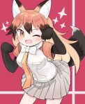  1girl ;d animal_ear_fluff animal_ears black_gloves black_hair blush bow bowtie breasts brown_eyes brown_hair commission elbow_gloves fox_ears fox_girl fox_tail gloves grey_background grey_skirt highres kemono_friends kibisake leaning_forward long_hair looking_at_viewer medium_breasts multicolored_hair necktie one_eye_closed paw_pose pleated_skirt raglan_sleeves red_background red_fox_(kemono_friends) shirt skeb_commission skirt smile solo standing tail two-tone_background two-tone_hair very_long_hair white_bow white_bowtie white_shirt yellow_necktie 