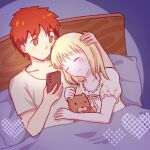  1boy 1girl absurdres artoria_pendragon_(fate) bed blonde_hair closed_eyes closed_mouth commentary_request couple emiya_shirou fate/stay_night fate_(series) hand_on_another&#039;s_head headboard heart highres holding holding_phone indoors kisaragi_kaede light_smile orange_hair phone pillow saber_(fate) stuffed_animal stuffed_lion stuffed_toy 