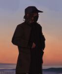  1boy black_hat black_pants dream_smp hat highres long_sleeves looking_to_the_side medium_hair pants quackity real_life solo somedeimi sunset 