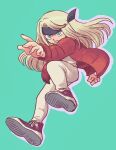  1girl aqua_background berit_(eisu) blonde_hair blue_eyes borrowed_character coat headband highres kanpappa long_hair original reaching red_coat sharp_teeth shoes simple_background sketch sneakers teeth winter_clothes winter_coat 