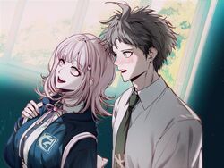  1boy 1girl :d ahoge backpack bag black_jacket black_shirt blush brown_eyes brown_hair collared_shirt danganronpa_(series) danganronpa_2:_goodbye_despair ddubi dress_shirt from_side green_necktie hand_up highres jacket long_sleeves nanami_chiaki necktie open_clothes open_jacket shirt short_hair smile spaceship_hair_ornament sweatdrop teeth tongue upper_body upper_teeth_only white_shirt window 