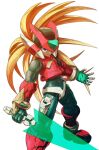  1boy absurdres adapted_costume armor battle_damage blue_eyes clenched_teeth energy_sword foot_out_of_frame forehead_jewel hashtag-only_commentary helmet hi-go! highres holding holding_sword holding_weapon male_focus mega_man_(series) mega_man_zero_(series) mega_man_zero_4 red_armor red_helmet simple_background solo sword teeth weapon white_background z_saber zero(z)_(mega_man) zero_(mega_man) 