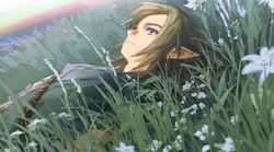  1boy absurdres ashorz blonde_hair blue_eyes day earrings flower grass highres jewelry link lying male_focus medium_hair nature on_back on_grass on_ground outdoors pointy_ears solo the_legend_of_zelda upper_body white_flower 