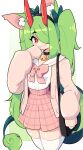  1girl :3 absurdres animal_ear_fluff animal_ears bell black_bag black_collar black_hairband blush_stickers border bow bowtie buttons cat_ears cat_girl closed_mouth collar daigada green_background green_ribbon hair_over_one_eye hair_ribbon hairband hand_on_own_chin highres horns jacket long_hair looking_at_viewer neck_bell oni open_clothes open_jacket original pink_bow pink_bowtie pink_jacket pink_skirt plaid plaid_skirt pleated_skirt red_eyes ribbon sailor_collar shirt sidelocks skirt solo swept_bangs tail thigh-highs twintails very_long_hair white_border white_sailor_collar white_shirt white_thighhighs 