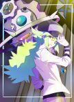  1boy baseball_cap green_eyes green_hair hand_on_headwear hat highres klinklang long_hair looking_at_viewer male_focus n_(pokemon) pokemon pokemon_(creature) pokemon_bw pokepokekonpeki twitter_username undershirt 