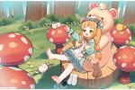  1girl :d barefoot bear blue_dress bow bowtie braid cat chinese_commentary commentary_request dress fang forest frilled_dress frills highres ichihara_nina idolmaster kuma-bound letterboxed long_hair low-tied_long_hair lying mushroom nature on_back open_mouth orange_hair outdoors pointing red_bow red_bowtie smile socks soles toes tree_stump unworn_footwear white_socks yellow_eyes 