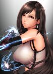  1girl belt big.g black_gloves black_hair breasts earrings final_fantasy final_fantasy_vii fingerless_gloves gloves highres incoming_attack jewelry long_hair looking_at_viewer red_eyes simple_background smile solo sports_bra tifa_lockhart upper_body 