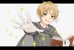  1boy axis_powers_hetalia blonde_hair book cape gloves green_eyes holding holding_book iluka_(ffv7) jacket looking_at_viewer male_focus necktie open_mouth reaching reaching_towards_viewer short_hair smile solo sparkle thick_eyebrows united_kingdom_(hetalia) upper_body 