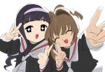  +_+ 2girls black_serafuku blunt_bangs brown_hair cardcaptor_sakura daidouji_tomoyo double_v hairband happy highres kinomoto_sakura leaning_on_person long_hair multiple_girls nnn-ollll open_mouth outstretched_arm purple_hair school_uniform serafuku short_hair tomoeda_elementary_school_uniform upper_body v white_background 