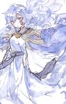  1girl :o deirdre_(fire_emblem) dress fire_emblem fire_emblem:_genealogy_of_the_holy_war floating_hair hair_between_eyes highres long_hair long_sleeves looking_at_viewer mbkmmm open_mouth purple_hair sleeves_past_fingers sleeves_past_wrists solo very_long_hair violet_eyes white_background white_dress wide_sleeves 