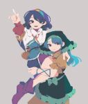  2girls 4qw5 :d apron arm_ribbon blue_dress blue_hair boots capelet carrying carrying_person commentary_request dress green_apron grey_background hairband hand_on_another&#039;s_shoulder haniyasushin_keiki head_scarf highres index_finger_raised long_hair long_sleeves looking_at_viewer medium_hair multicolored_clothes multicolored_dress multicolored_hairband multiple_girls open_mouth pixel_art pouch puffy_short_sleeves puffy_sleeves purple_dress purple_footwear red_dress ribbon short_sleeves simple_background smile tenkyuu_chimata touhou white_capelet yellow_dress yuri 
