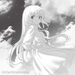  1girl absurdres album_cover clouds cosgaso cover crossed_bangs english_text frilled_sleeves frills greyscale highres light_blush limited_palette long_hair long_sleeves looking_at_viewer monochrome neck_ribbon original parted_lips ribbon shirt_tucked_in skirt sky solo star_(sky) 