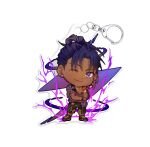  1boy absurdres black_footwear black_shorts character_charm charm_(object) chibi dark-skinned_male dark_skin ear_piercing full_body heart highres jock_studio_(blits_games) light_smile looking_at_viewer male_focus merchandise mikkoukun one_eye_closed piercing purple_hair purple_shirt shirt shoes shorts solo transparent_background violet_eyes zayne_alexander 