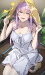 1girl blue_eyes bow bra_strap breasts dirty dirty_clothes dress dress_bow hair_ornament hat holding holding_clothes holding_hat konoe_nanami lamune long_dress long_hair multicolored_hair open_mouth pallad purple_hair sandals straw_hat sundress 