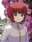  1boy aizen_makoto_(duel_masters) androgynous arms_at_sides blurry blurry_background blush bush closed_mouth duel_masters flower flower_request green_eyes jacket long_sleeves looking_at_viewer male_focus numae_kaeru outdoors outline photo_background pink_flower redhead short_hair smile solo upper_body white_jacket white_outline 