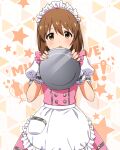  1girl apron blush bow bowtie brown_hair butterfly_ornament dot_nose dress frilled_apron frilled_skirt frills hagiwara_yukiho hair_between_eyes hiding holding holding_plate idolmaster idolmaster_(classic) idolmaster_million_live! idolmaster_million_live!_theater_days looking_at_viewer maid_headdress official_alternate_costume official_art open_mouth pink_bow pink_bowtie pink_dress plate pretty_waitress_(idolmaster) puffy_short_sleeves puffy_sleeves shirt short_hair short_sleeves sidelocks skirt solo starry_background straight_hair teeth thigh-highs upper_body waist_apron waitress white_apron white_shirt white_thighhighs wrist_cuffs 