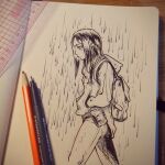  1girl backpack bag david_revoy denim highres hood hooded_jacket jacket jeans long_hair non-web_source pants photo_(medium) rain walkman wet wet_clothes 