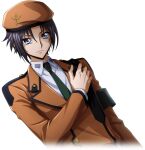  1boy arm_at_side armband artist_request beret black_hair blue_eyes buttons closed_mouth code_geass code_geass:_lost_stories collared_shirt cropped_torso dutch_angle game_cg green_necktie hand_on_own_chest hand_up hat jacket long_sleeves male_focus mario_disel necktie non-web_source official_art orange_hat orange_jacket serious shirt short_hair sidelocks simple_background solo standing transparent_background upper_body v-shaped_eyebrows white_shirt 