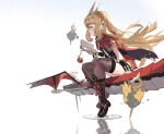  1girl blonde_hair book bracer cagliostro_(granblue_fantasy) cape crown dragon granblue_fantasy hairband highres long_hair open_book sitting solo spiked_hairband spikes thigh-highs tiara violet_eyes wuzhu_nis 