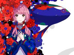  1girl absurdres blue_eyes blue_jacket closed_mouth fish floral_background flower flying_fish green_jacket hair_over_shoulder hands_on_own_chest high_collar highres hood hood_down hooded_jacket jacket kaf_(kamitsubaki_studio) kamitsubaki_studio laplace_(kamitsubaki_studio) long_sleeves looking_ahead low_twintails multicolored_clothes multicolored_eyes multicolored_jacket pink_hair purple_flower red_eyes red_flower red_jacket shirt solo twintails upper_body virtual_youtuber white_background white_shirt yellow_pupils 