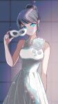  1girl blue_background blue_eyes blue_hair closed_mouth dress hair_bun highres holding holding_mask looking_to_the_side marinette_dupain-cheng mask miraculous_ladybug seio_(nao_miragggcc45) simple_background smile solo white_dress white_mask 