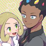  1boy 1girl bad_id bad_pixiv_id black_hair black_shirt blonde_hair blush collarbone collared_shirt dark-skinned_male dark_skin grant_(pokemon) green_eyes heart moyori outline pokemon pokemon_(anime) pokemon_xy_(anime) shirt smile sweat upper_body viola_(pokemon) white_outline 