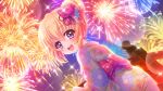  1girl aerial_fireworks alternate_hairstyle blonde_hair blue_flower dot_nose dutch_angle film_grain fireworks floral_print floral_print_kimono flower from_behind game_cg green_kimono hair_bun hair_flower hair_ornament hair_up hand_on_railing hasegawa_mii izumi_tsubasu japanese_clothes kimono lens_flare looking_at_viewer looking_back night night_sky non-web_source official_art open_mouth outdoors pink_flower print_kimono railing re:stage! short_hair single_side_bun sky smile solo sparkle sparkling_eyes star_(sky) starry_sky teeth upper_teeth_only violet_eyes 
