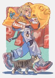  1girl absurdres ahoge animal blush_stickers bow braid cat cropped_jacket food full_body grey_hair hair_bow highres holding holding_food long_hair long_sleeves original pants pink_eyes shoes smile sneakers solo taiyaki ushinoki wagashi walking 