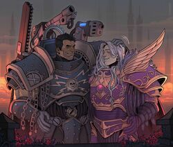  2boys absurdres armor black_hair braid breastplate closed_eyes closed_mouth colored_extremities colored_sclera commentary emperor&#039;s_children english_commentary ferrus_manus flower fulgrim gauntlets grey_armor grey_sclera highres iron_hands_(warhammer) light_blush long_hair male_focus mechanical_parts medusan_carapace multiple_boys natalia_kikicheva outdoors pauldrons power_armor primarch purple_armor red_flower red_rose rerebrace roman_numeral rose ruffling_hair short_hair shoulder_armor single_braid the_gilded_panoply warhammer_40k white_hair 