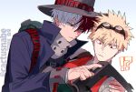  !? bakugou_katsuki blonde_hair blue_coat blue_eyes boku_no_hero_academia brown_eyes cactusnabe chest_strap closed_mouth coat goggles goggles_on_head grey_hat grey_shirt hat heterochromia highres light_frown long_sleeves motion_lines red_eyes red_vest redhead shirt simple_background todoroki_shouto upper_body vest white_background white_hair 
