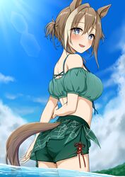  1girl alternate_costume animal_ears ass blue_eyes breasts brown_hair cheval_grand_(umamusume) commentary_request hair_between_eyes hair_ornament horse_ears horse_girl looking_at_viewer medium_breasts medium_hair mimimimitsuha ocean open_mouth shorts sky solo swimsuit umamusume 