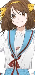  1girl 4ofo1nf43kuvxkl blue_sailor_collar blue_skirt brown_eyes brown_hair closed_mouth commentary_request hair_ribbon hairband hands_on_own_hips kita_high_school_uniform korean_commentary long_sleeves looking_at_viewer neck_ribbon red_ribbon ribbon sailor_collar school_uniform serafuku simple_background skirt smile solo suzumiya_haruhi suzumiya_haruhi_no_yuuutsu white_background winter_uniform yellow_hairband yellow_ribbon 